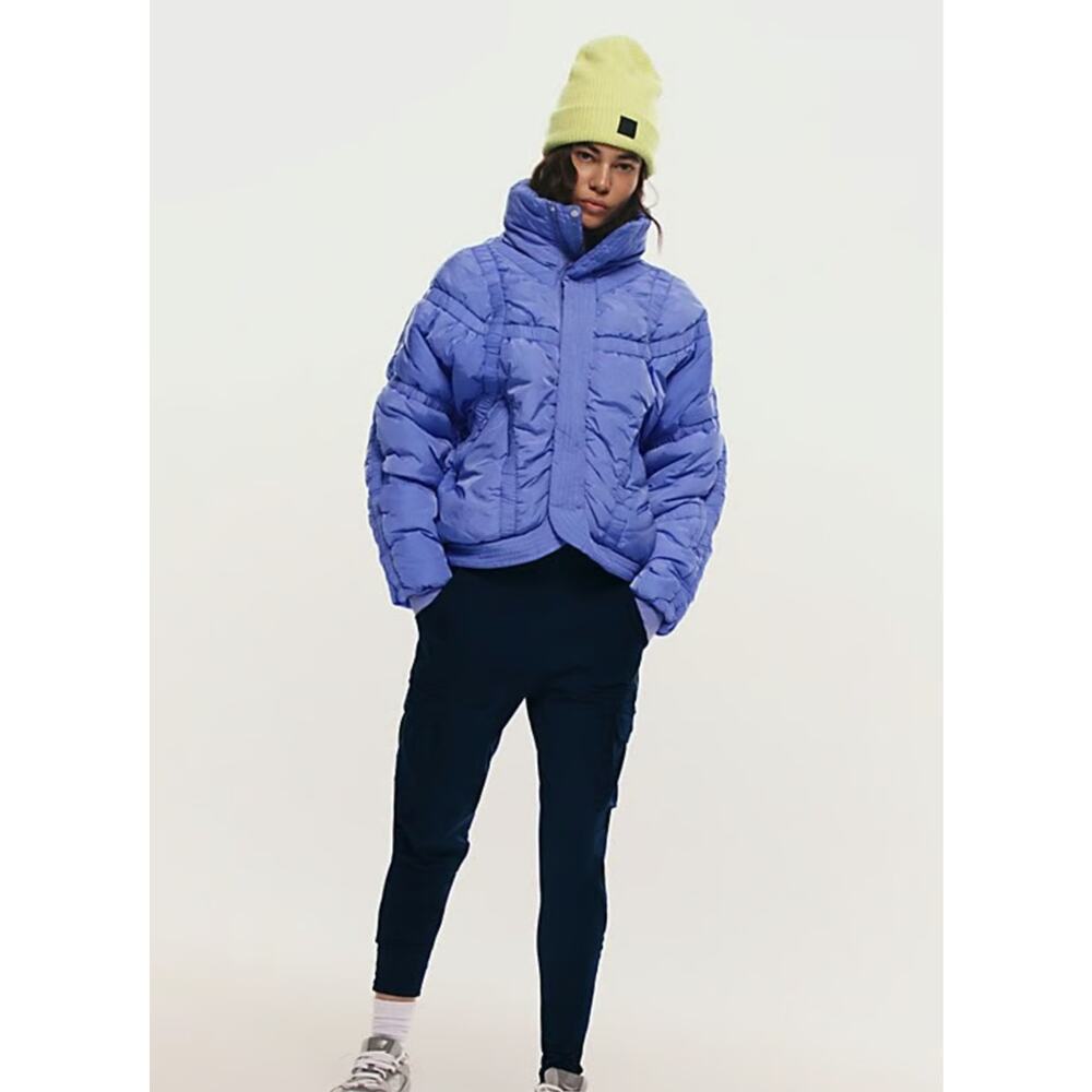 Free People FP Movement Purple Shirr Enough Backpack Puffer Jacket NWT Size XS